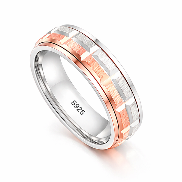 S925 Sterling Silver Rose Gold Geometric Texture Couple Bands