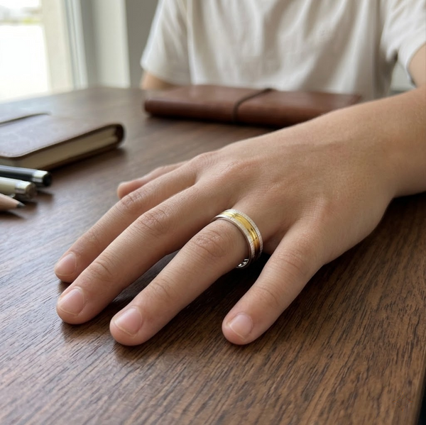 Dual Tone Textured 925 Sterling Silver Ring with Triple Gold Lines