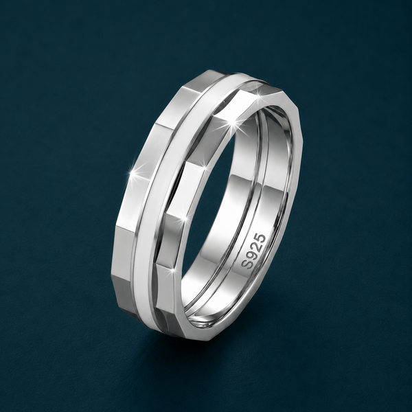 Dual Finish Faceted 925 Sterling Silver Ring