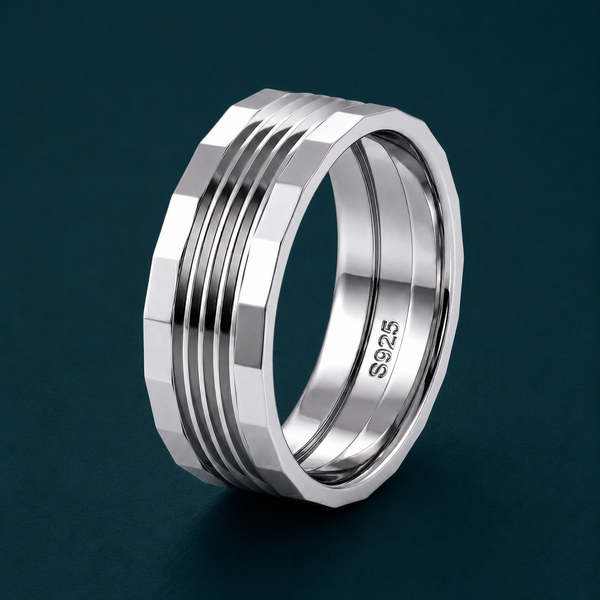 Multi-Groove Faceted 925 Sterling Silver Ring