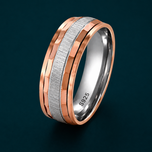 Rose Gold & Silver Textured Band Ring 925 Sterling Silver