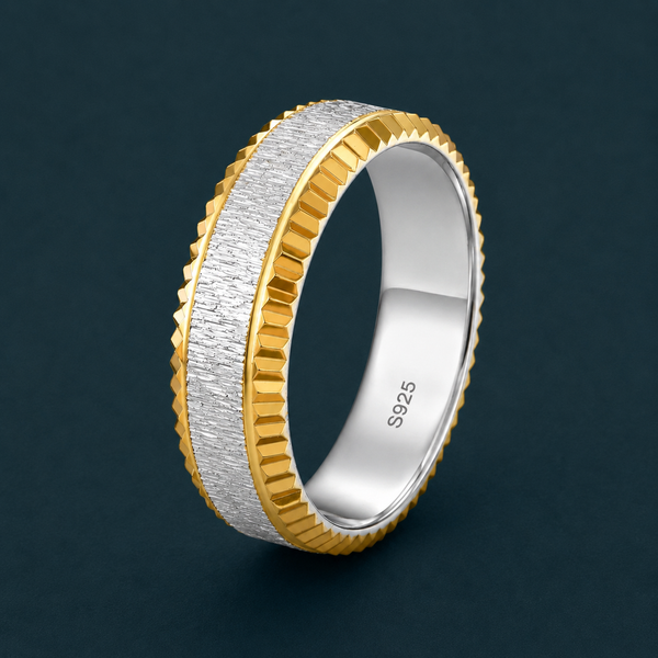 Dual Tone Textured 925 Sterling Silver Ring with Gold Edges