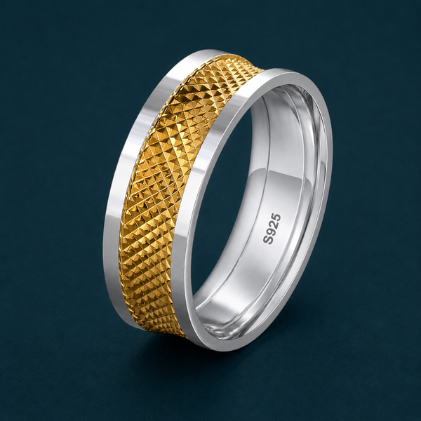 Luxury Dual Tone Diamond Cut Texture 925 Sterling Silver Ring
