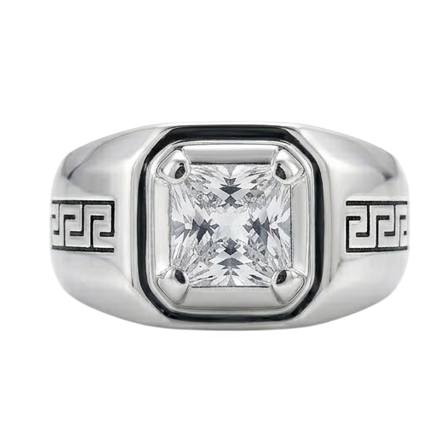 Premium S925 Silver Princess Cut Solitaire Ring with Greek Pattern Designer Band
