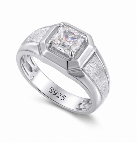 Premium S925 Silver Princess Cut Solitaire Ring with Matte Texture Designer Band