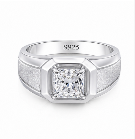 Premium S925 Silver Princess Cut Solitaire Ring with Matte Texture Designer Band