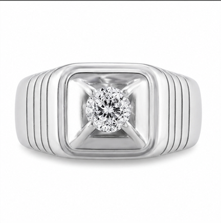 Premium S925 Sterling Silver Solitaire Square Signet Ring with Diamond Accent