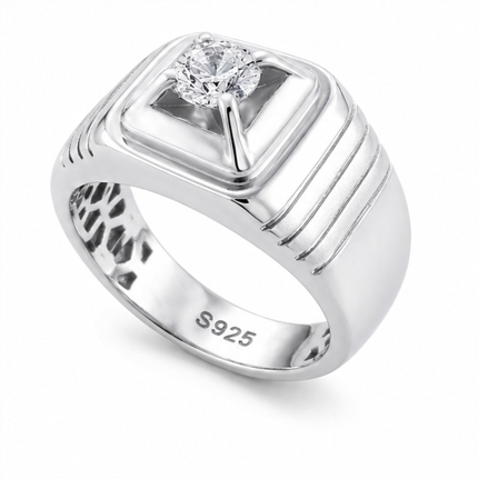 Premium S925 Sterling Silver Solitaire Square Signet Ring with Diamond Accent