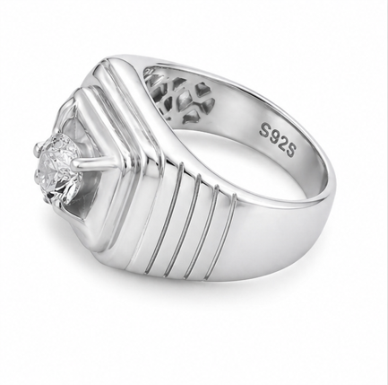 Premium S925 Sterling Silver Solitaire Square Signet Ring with Diamond Accent