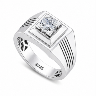 Premium 925 Sterling Silver Square-Head Solitaire Ring with Diamond-Cut Stone – Platinum Finish