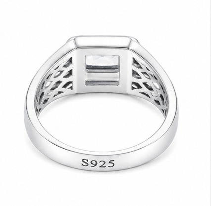 Men’s Square-Cut Solitaire Ring – 925 Sterling Silver Textured Band with Premium Zircon Stone