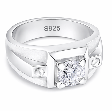 Men’s Geometric Solitaire Ring – 925 Sterling Silver with Brilliant Cut Stone