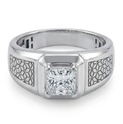 Classic Square Solitaire Ring – 925 Sterling Silver Textured Band with Princess-Cut Crystal