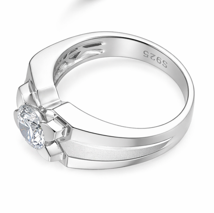 925 Sterling Silver Floral Claw Setting Ring with Round-Cut Stone – Platinum Finish Statement Ring for Men