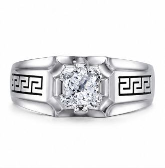 Men’s Greek Pattern Square Zircon Ring – 925 Sterling Silver Designer Statement Ring