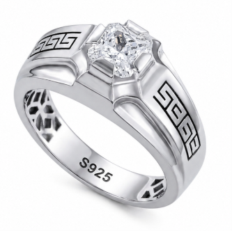 Men’s Greek Pattern Square Zircon Ring – 925 Sterling Silver Designer Statement Ring
