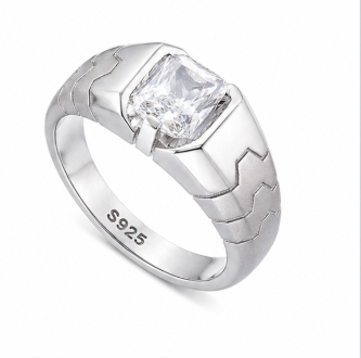 Men’s Modern Textured Square Stone Ring – 925 Sterling Silver Statement Ring