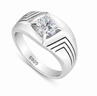 Men’s Classic Solitaire Ring – 925 Sterling Silver with Square Setting | Sleek Line Design & Platinum Finish