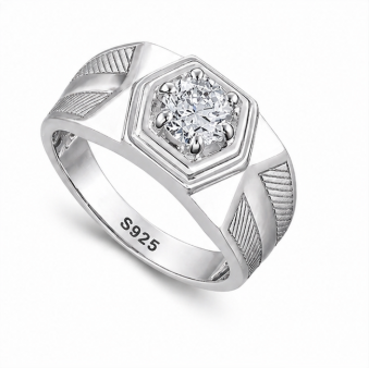 Men’s Hexagon Solitaire Ring – 925 Sterling Silver Textured Designer Band