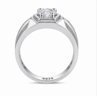 Men’s Hexagon Solitaire Ring – 925 Sterling Silver Textured Designer Band