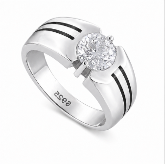Men’s Modern Solitaire Ring – 925 Sterling Silver with Dual Line Accent Design