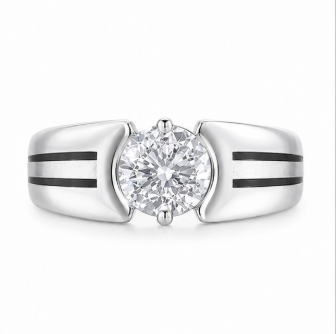 Men’s Modern Solitaire Ring – 925 Sterling Silver with Dual Line Accent Design