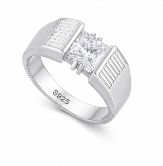 Modern Textured Band Square-Cut Stone Ring – 925 Sterling Silver Statement Ring for Men