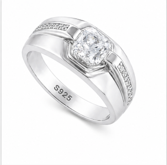 Premium Square-Cut Solitaire Ring for Men – 925 Sterling Silver with Side Stone Accents