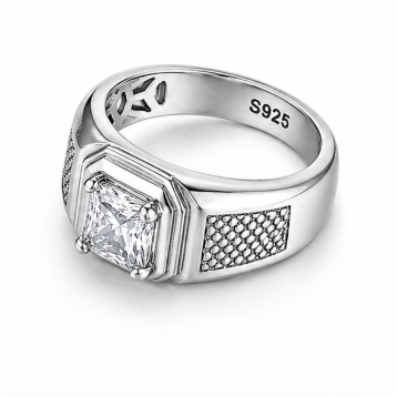 Elegant Square-Cut Diamond Style Ring – 925 Sterling Silver Statement Ring for Men