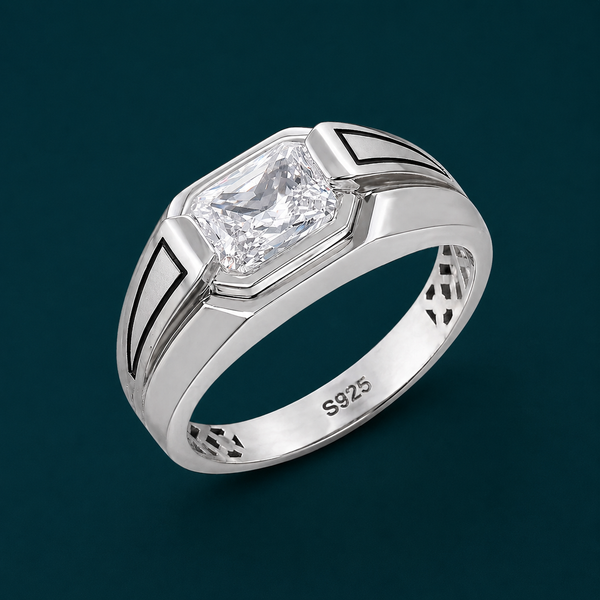 Men’s Princess Cut Solitaire Ring – 925 Sterling Silver Black Accent Designer Ring