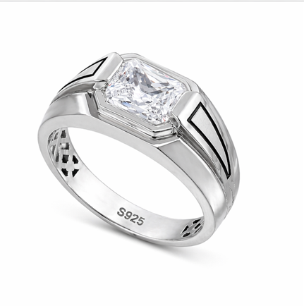 Men’s Princess Cut Solitaire Ring – 925 Sterling Silver Black Accent Designer Ring
