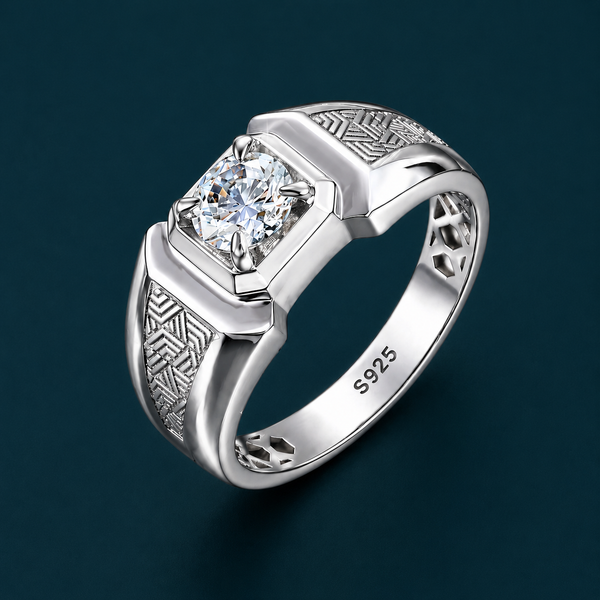 Men’s Square Zircon Statement Ring – 925 Sterling Silver Engraved Designer Ring