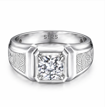 Men’s Square Zircon Statement Ring – 925 Sterling Silver Engraved Designer Ring