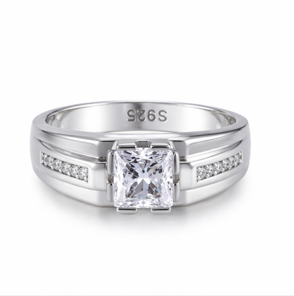 Men’s Princess-Cut Solitaire Ring – 925 Sterling Silver with Dual Band & Side Stone Accents