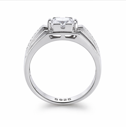 Men’s Princess-Cut Solitaire Ring – 925 Sterling Silver with Dual Band & Side Stone Accents