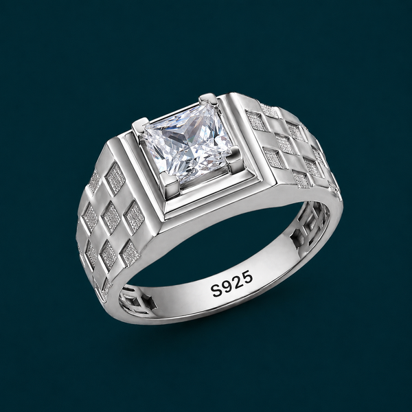 Men’s Checkered Texture Square Stone Ring – 925 Sterling Silver Statement Ring