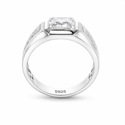 Men’s Emerald-Cut Solitaire Ring – 925 Sterling Silver with Engraved Designer Ring