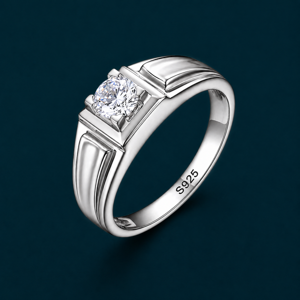 Classic Round-Cut Crystal Ring – 925 Sterling Silver Bold Designer Band Ring