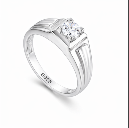 Classic Round-Cut Crystal Ring – 925 Sterling Silver Bold Designer Band Ring