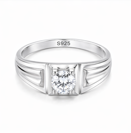 Classic Round-Cut Crystal Ring – 925 Sterling Silver Bold Designer Band Ring