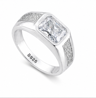 Men’s Cushion-Cut Solitaire Ring – 925 Sterling Silver with Textured Side Detailing
