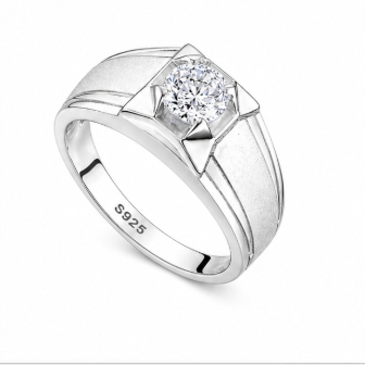 Men’s Classic Round Solitaire Ring – 925 Sterling Silver Square Mount