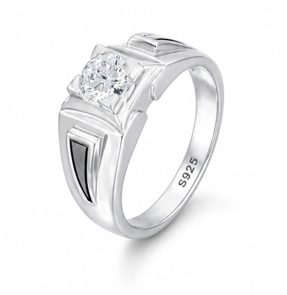 Geometric V-Pattern Round-Cut Stone Ring – 925 Sterling Silver Designer Statement Ring for Men