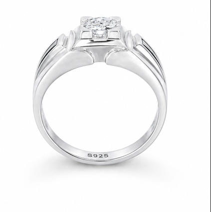 Geometric V-Pattern Round-Cut Stone Ring – 925 Sterling Silver Designer Statement Ring for Men