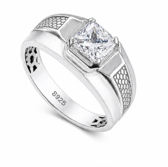 Premium Princess-Cut Crystal Ring – 925 Sterling Silver Textured Designer Band Ring