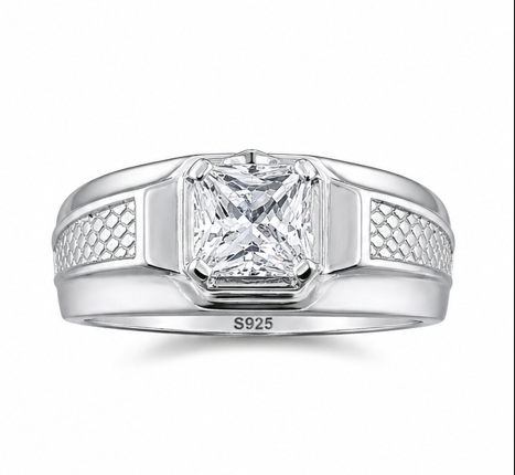 Premium Princess-Cut Crystal Ring – 925 Sterling Silver Textured Designer Band Ring