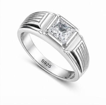 Men’s Princess Cut Solitaire Ring – 925 Sterling Silver Textured Designer Ring