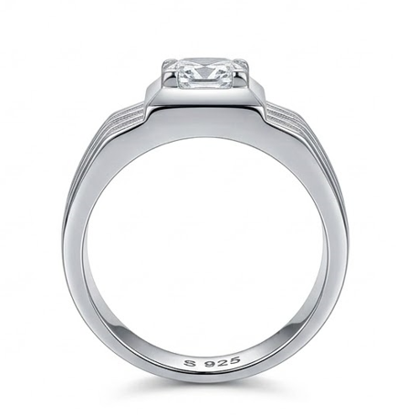 Classic Square Solitaire Ring – 925 Sterling Silver Grooved Band Statement Ring