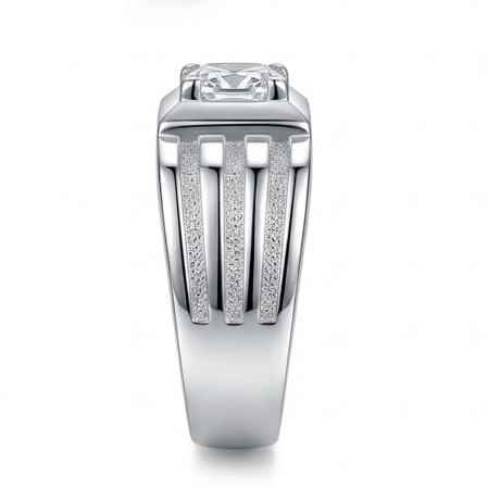 Classic Square Solitaire Ring – 925 Sterling Silver Grooved Band Statement Ring