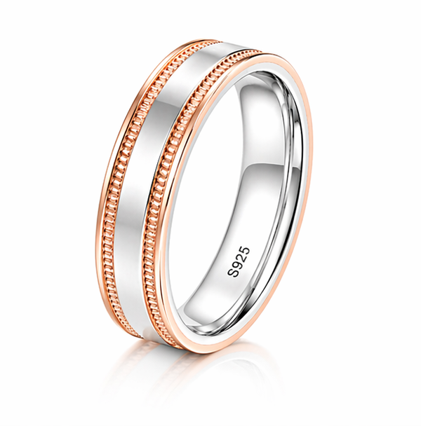 Classic Dual-Tone Beaded Band Ring in 925 Sterling Silver